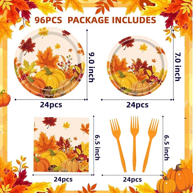 Fall Party Supplies - 96 Pcs Thanksgiving Paper Plates and Napkins, Forks, Pumpkin Autumn Disposable Tableware Set for Harvest Party Decorations