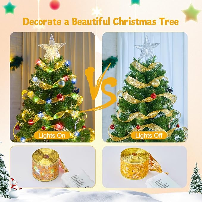 2 Pack Christmas Tree String Lights - 33ft 100 LED Battery Powered Fairy Lights with Timer and 8 Lighting Modes, Gold Ribbon Bows Lights for 6ft - 8ft Christmas Tree Decor, Multi-color