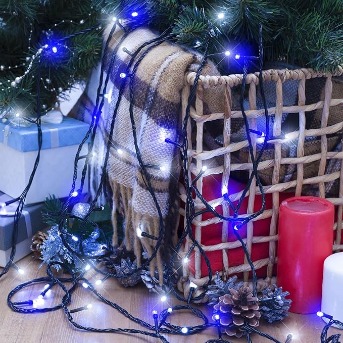 Christmas Lights Outdoor, 66FT 200 LED Christmas Tree Lights with 8 Modes Waterproof, Green Wire Plug in String Light for Indoor Patio Garden Xmas Party Wedding Holiday Decor, Blue White