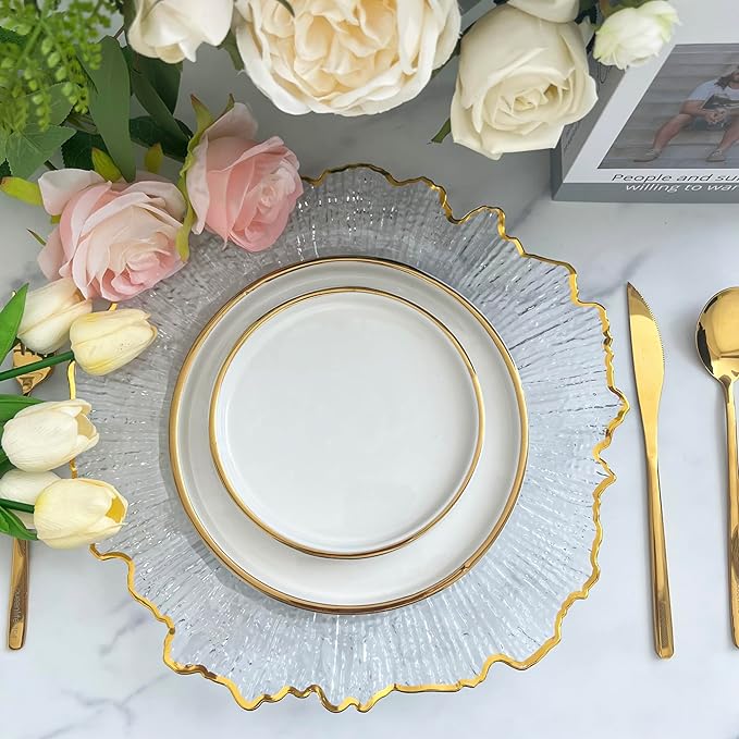 Henilosson 6 Pack 13" Plastic Round Reef Clear Charger Plates ,With Rim gold Dinner Acrylic Charger Plates (6,Reef Gold Clear)