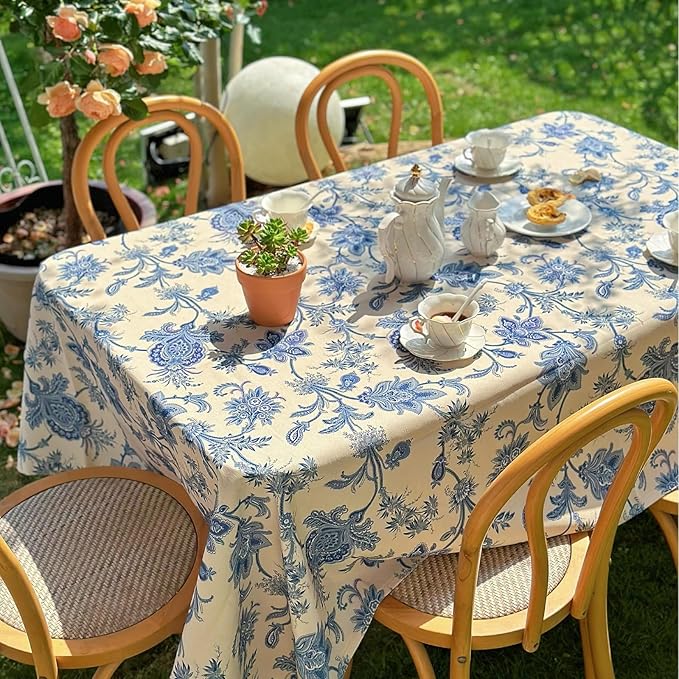 Blue and White Rectangle Tablecloth, Waterproof Outdoor Table Cloth, Dining Table Cover for Farmhouse, Wedding, Dinner, Picnic - Spring/Summer, 54"x72", Blue Flower