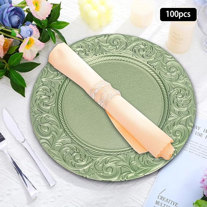 Antique Charger Plates Set 13'' Round Embossed Dinner Plate Chargers Plastic Elegant Floral Plates for Dinner Wedding Party Event Table Kitchen Decoration 100PCS (Green 100Pcs)