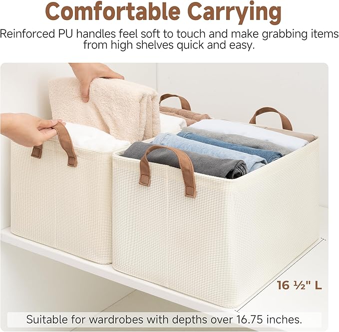 StorageWorks Storage Bins, Shelves Baskets for Organizing, Large Fabric Closet Organizers with Handles, Metal Frame, Beige(Texture), 2-Pack