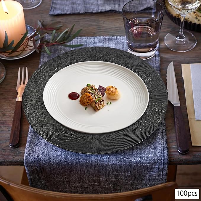 Antique Charger Plates Set 13'' Round Embossed Dinner Plate Chargers Plastic Elegant Floral Plates for Dinner Wedding Party Event Table Kitchen Decoration 100PCS (Black 100Pcs)