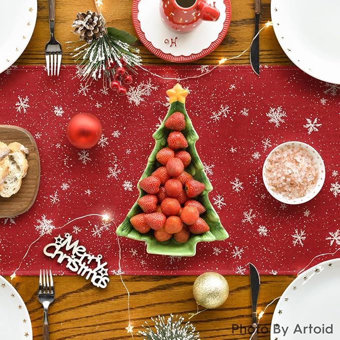 Artoid Mode Snowman Trees Snowflakes Christmas Table Runner, Seasonal Winter Xmas Holiday Kitchen Dining Table Decoration for Indoor Outdoor Home Party Decor 13 x 90 Inch