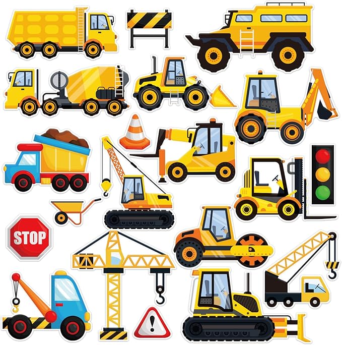 Tevxj Construction Vinyl Gel Clings, 20 Pcs Yellow & Black Transportation Stickers for Kids, Reusable Wall & Window Decor, Airplane, Truck Decals, Party Supplies