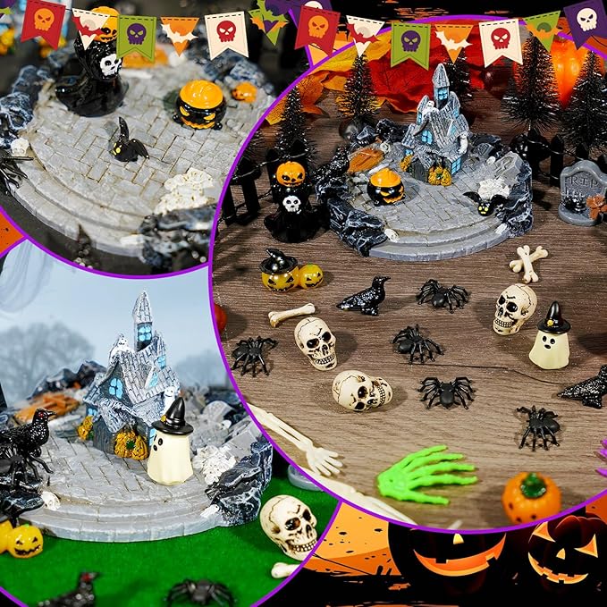 Hiawbon 30PCS Halloween Mini Village Set, Village Ornaments Miniature Decorations, Resin Miniature Spider Coffin Spiders Pine Trees Fence for Halloween Decor