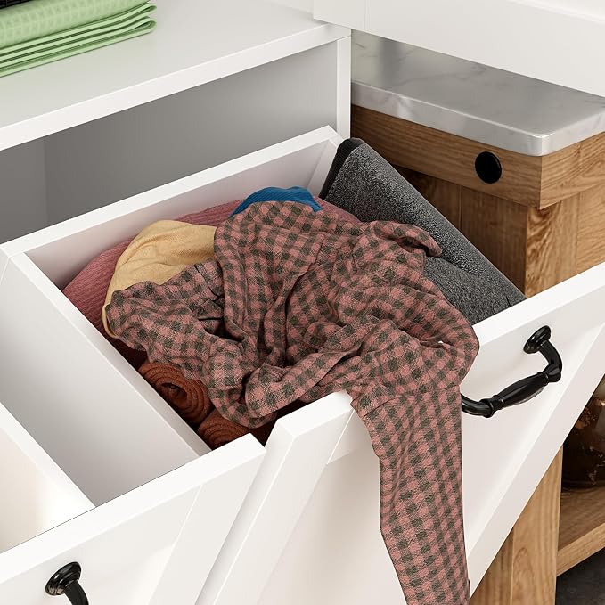 ECACAD Tall Bathroom Storage Cabinet with Shelves and Tilt-Out Laundry Hampers, Freestanding Floor Cabinet for Living Room, Bedroom & Kitchen, White (31.5”W x 13.8”D x 78.7”H)