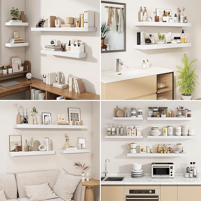 fuqing Floating Shelves for Wall, Bathroom Shelf Wall Mounted for Storage, Shelves with Invisible Bracket for Bedroom, Kitchen, Living Room, Farmhouse Small Book Shelf, 24 Inch Set of 2, White