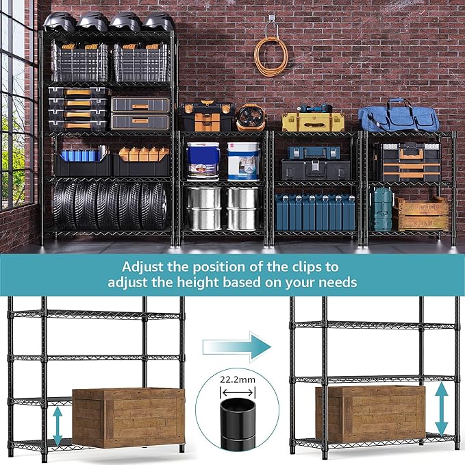 5-Shelf Storage Shelves,Wire Shelving Heavy Duty Metal Storage Shelving Unit Adjustable Garage Shelving Rack Pantry Kitchen (Black, 5 Tier,17.7" D x 47.2" W x 76.7" H)