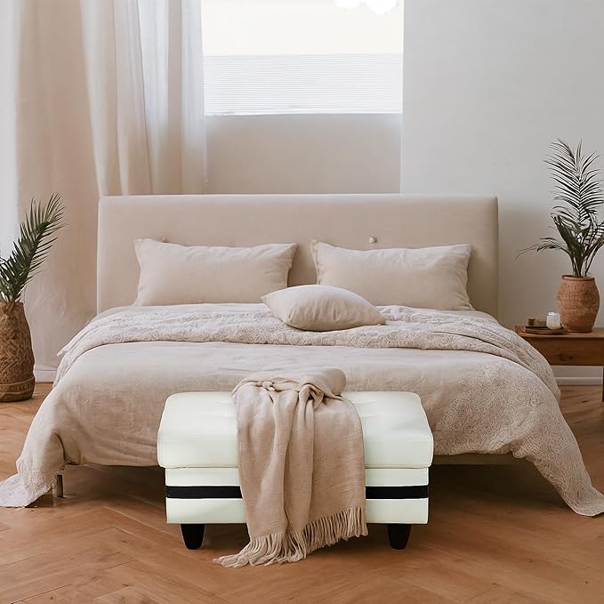 Ottoman Rectangular Storage Ottoman Bench, Faux Leather Footrest, Coffee Table, Stool Footstool with Hinged Lid for Living Room, Bedroom, Entryway, White with Black Strip, 35"x23.5"x17.5"