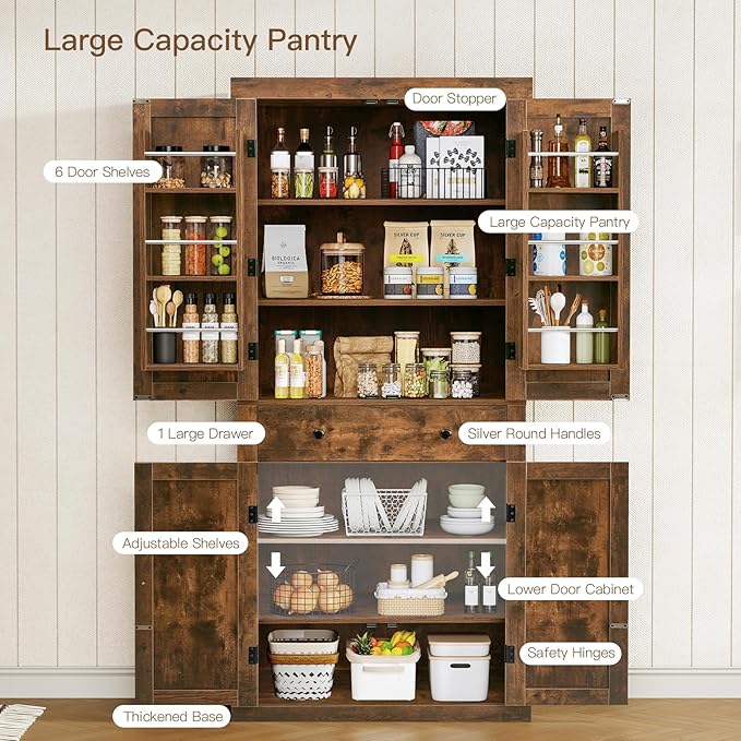 usikey 72” Kitchen Pantry Cabinet, Tall Storage Cabinet with 4 Doors and 1 Drawer, Freestanding Cupboard with 6 Hanging Shelves and Adjustable Shelves for Kitchen, Living Room, Rustic Brown