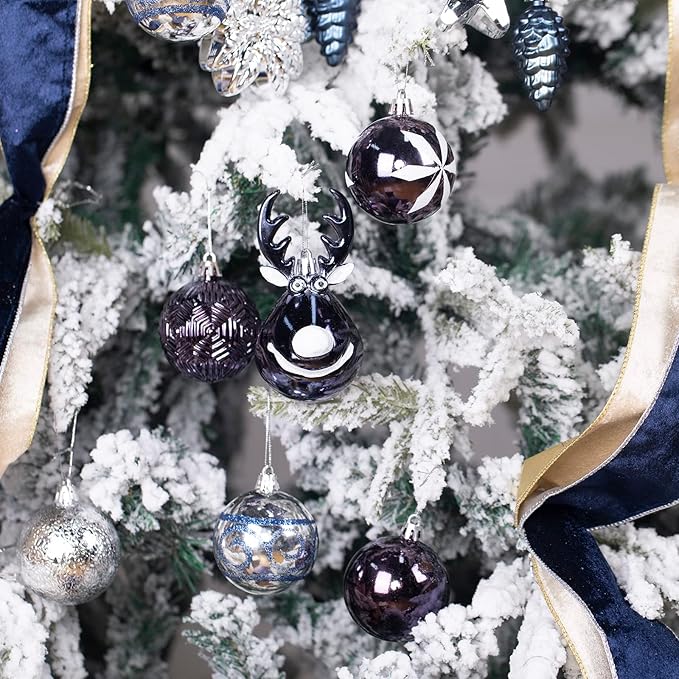 100 Pack Christmas Ball Ornaments,Navy Blue and White Plastic Christmas Balls Shatterproof Christmas Tree Decorations in Indoor,Holiday Xmas Tree Decor Hanging Baubles Balls