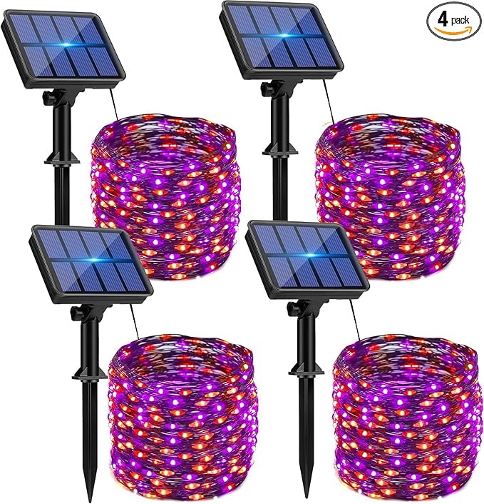 btfarm 4 Pack Solar Halloween String Lights Outdoor, 320LED 132FT Orange Purple Solar Fairy Lights Outside Waterproof, 8 Modes Solar Powered Twinkle Lights for Tree Garden Patio Halloween Decorations