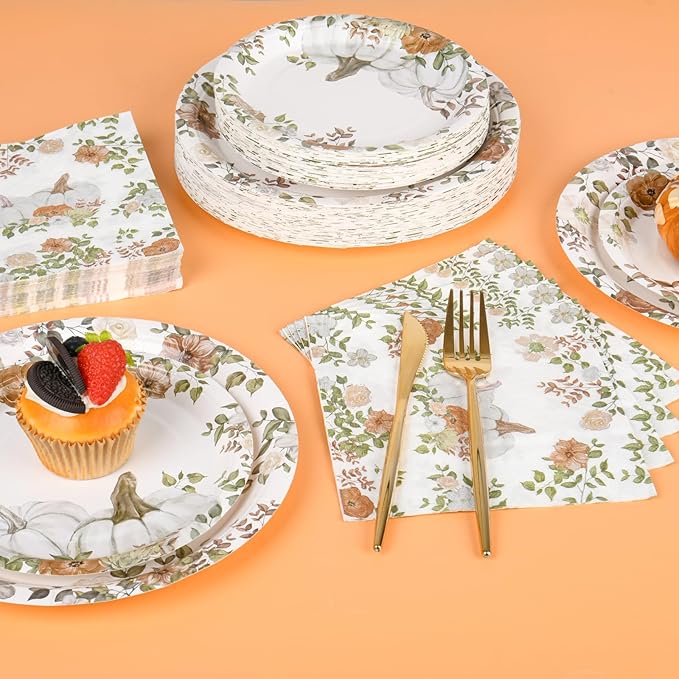 150Pcs Fall Paper Plates and Napkins Party Supplies Autumn Thanksgiving Disposable Plates Napkin White Pumpkin Plates Tableware Set for Fall Decor Thanksgiving Party Supplies,Serve 50 Guests