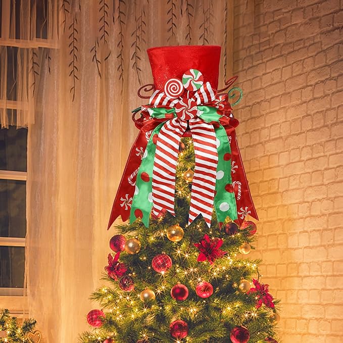 yofit Christmas Tree Topper Hat, Large Red Hat with Striped Bow Ribbon & Lollipop, Christmas Tree Decorations Top Hat, Desktop Ornaments for Home Xmas Holiday Winter Decor