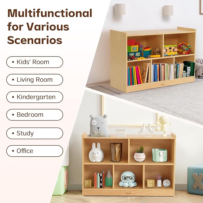 Toy Storage Organizer for Kids Room, Wooden Kids Bookshelf for Classroom, Cube Storage Organizer for Playroom, 5-Section Montessori Bookshelf & Toy Shelf for Nursery