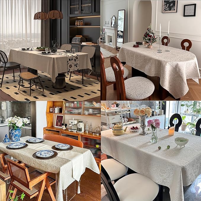 70"x140" Jacquard Fabric Tablecloth, Waterproof Table Cloth Rectangle Tables, Heavy Weight Large Dining Table Cover for Dining Room, Wedding, Parties - Milky White