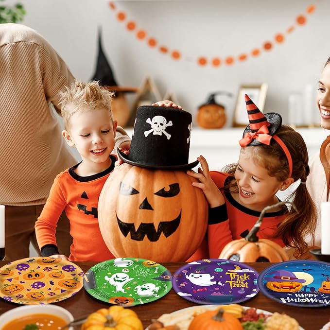 48Pcs Halloween 7inch Paper Plates - Pumpkin Ghost Spooky Dessert Plates for Cake Salad Fruit Disposable Cute Dinner Plates for Halloween Kids Trick or Treat Party Decoration, 4 Styles