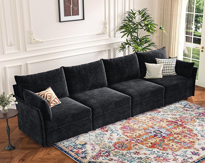134.6" Modular Sectional Sofa, Oversized 4 Seater Couch with Removable Black Chenille Fabric Cover, Deep Seat & High Backrest for Living Room, Office & Apartment