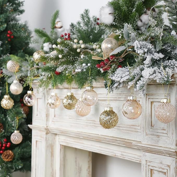 25PCS Christmas Ornaments Set, 2.36"/6CM Clear Plastic Shatterproof Christmas Ball Hanging Ornaments for Xmas Tree Decorations, for Indoor Home Party Holiday Decor - White/Champagne