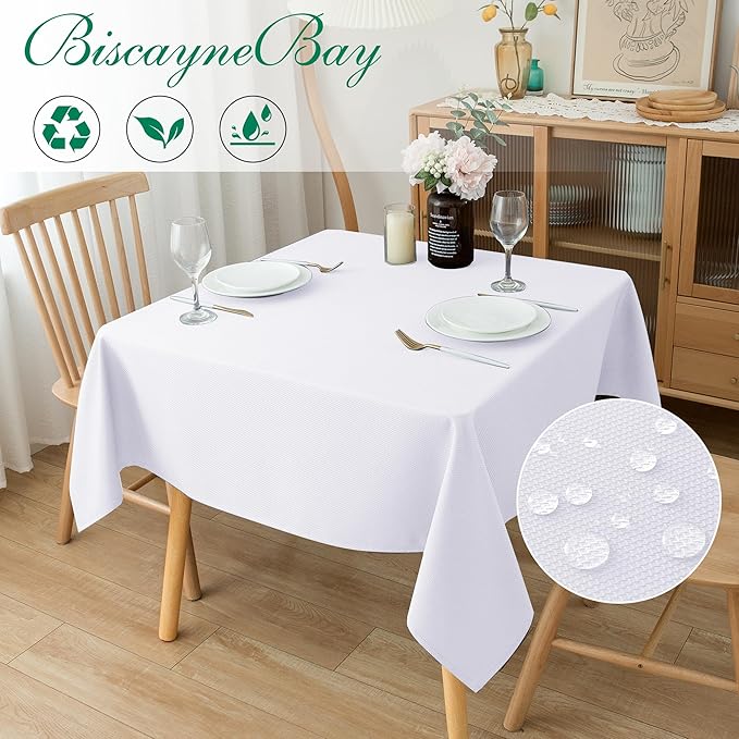 Biscaynebay Fabric Square Tablecloths 70x70 Inches, White Water Resistant Card Table Cloth Folding Table Cover for Dining, Kitchen, Wedding and Parties etc. Machine Washable