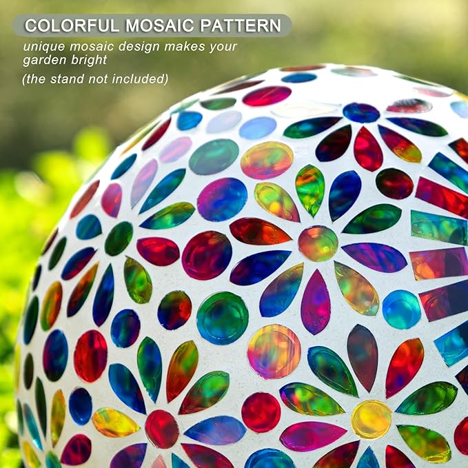 VOREEN 10" Mosaic Glass Gazing Ball with Solar Light, Outdoor Solar Gazing Globe, Handmade IP44 Waterproof Garden Decor Sphere for Patio Yard, Ideal Gift for Mom Wife Friend, Colorful Daisy Design