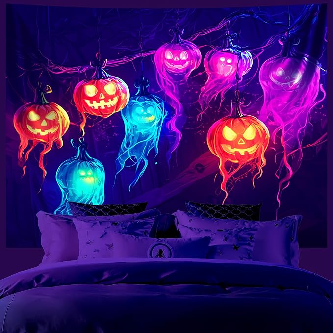 AOHMPT Glow-in-the-Dark Halloween Tapestry - UV Reactive Black Light Wall Hanging Decor for Spooky Parties, Bedroom, Living Room (Jack-o'-lantern, 59" L x 51" W, Unframed)