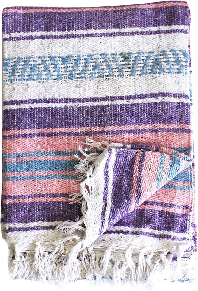 Del Mex Classic Mexican Blanket, Large Authentic Woven Falsa Throw (70"x50"), Artisan Southwest Décor for Beach, Yoga, Outdoors (Lavender/Pink)