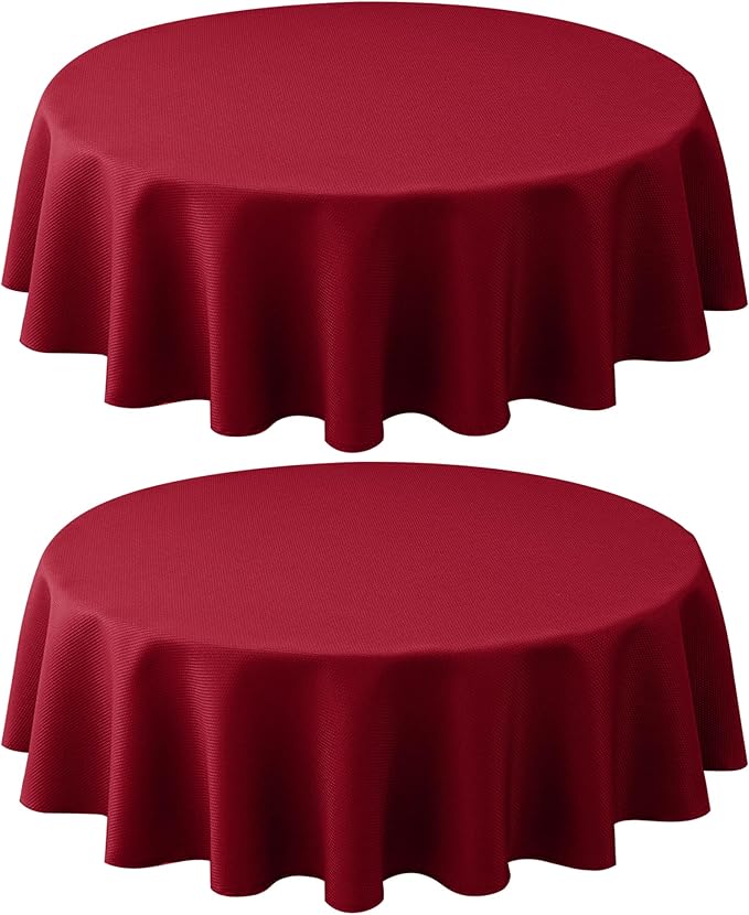 Biscaynebay 2 Pack Textured Fabric Round Tablecloths 60", Red Water Resistant Tableclothes Small Circle Folding Table Covers Linen for Dining, Kitchen, Wedding, Parties etc Machine Washable