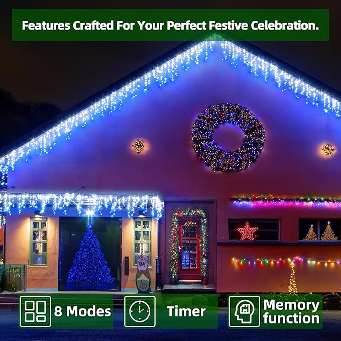1332 LED 131FT Extra Long Icicle Lights - 296 Drops Waterproof Christmas Lights 12 Modes, Outdoor Christmas Decor for Mall Hotel Fence Holiday Lighting Blue & White