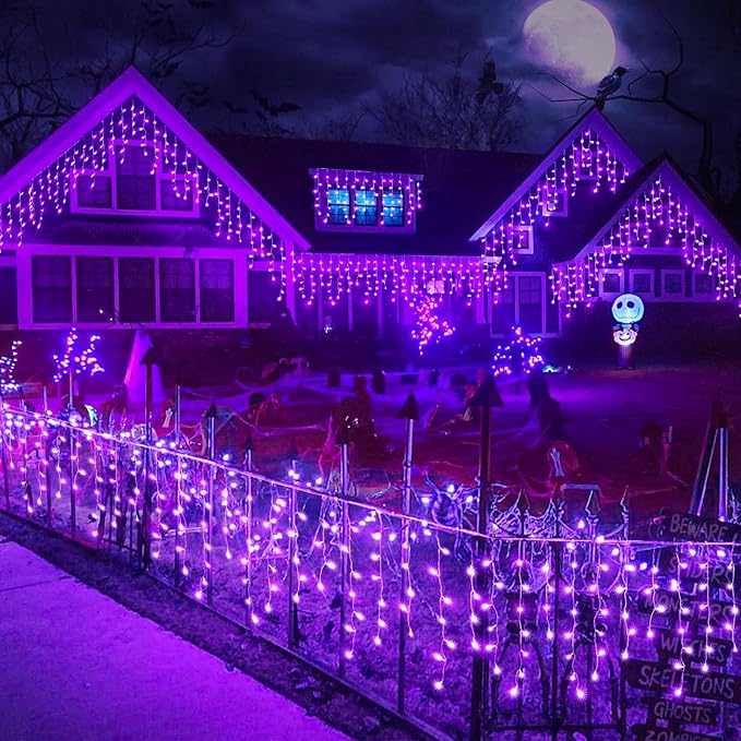 640 LED Purple Halloween Lights Outdoor, 66FT Icicle Lights for Outside with 8 Modes 120 Drops, Waterproof Plug in String Curtain Light for Indoor House Room Patio Party Decorations