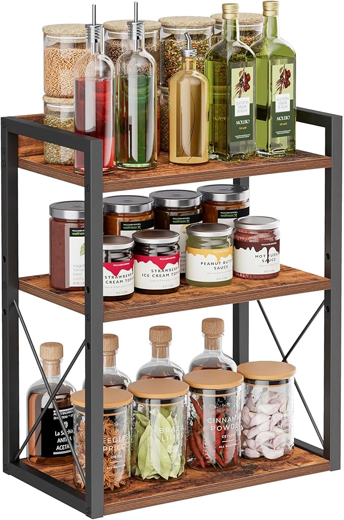 3-Tier Kitchen Spice Rack Organizer for Countertop, Coffee Counter Shelf, Mug Shelf, Bathroom Counter Organizer, Makeup Organizer, Rustic Brown and Black