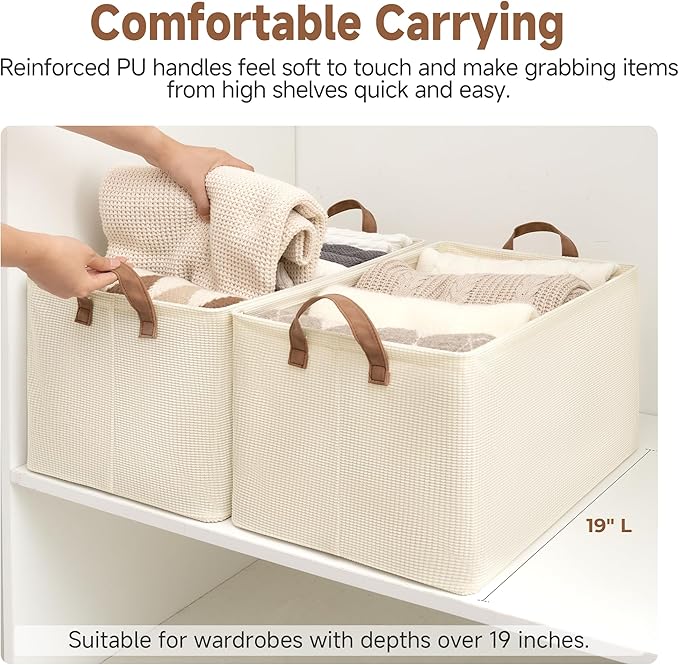 StorageWorks Storage Bins, Shelves Baskets for Organizing, 45L Extra Large Fabric Closet Organizers with Handles, Metal Frame, Beige(Texture), 2-Pack