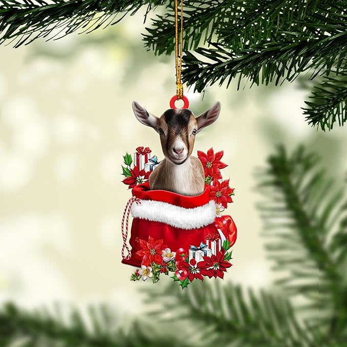 Talataca Goat 2D Flat Christmas Ornament, Goat in Red Santa Gift Bag Pine Tree Decor, Hanging House Charm Eve Keepsake, Car Rear View Mirror Accessories, Xmas Gift