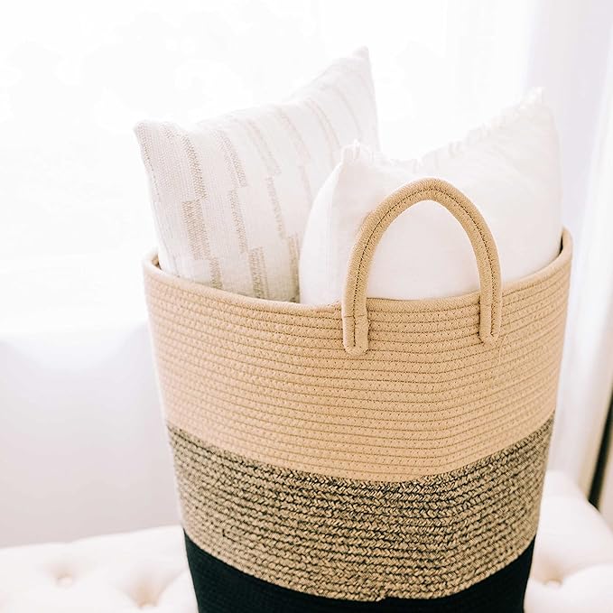 OrganiHaus Brown Woven Baskets for Storage 15x18, Boho Blanket Basket for Living Room, Toy Basket Storage for Kids, Baby Laundry Hamper, Large Storage Basket for Clothes, Basket for Blankets