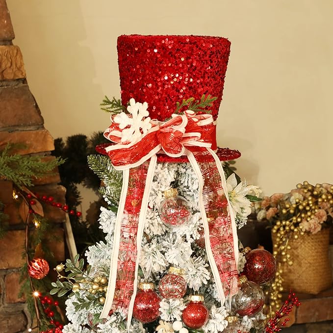 Prsildan Christmas Tree Topper Hat, Large Red Sequins Top Hat with Bow Ribbon and Snowflake, Christmas Decorations for Xmas Tree Snowman, Desktop Ornaments Holiday Home Decor