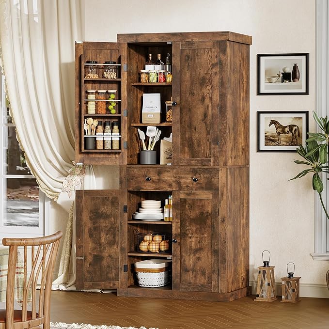 usikey 72” Kitchen Pantry Cabinet, Tall Storage Cabinet with 4 Doors and 1 Drawer, Freestanding Cupboard with 6 Hanging Shelves and Adjustable Shelves for Kitchen, Living Room, Rustic Brown