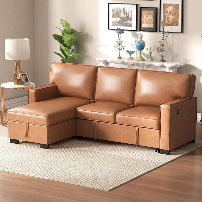 EBELLO Convertible Sleeper Sofa 3 in 1, Faux Leather Modern L-Shaped Couches for Living Room, Pull Out Sectional Futon Sofa Bed with Storage Space, USB Ports and Cup Holders for Bedroom, Brown