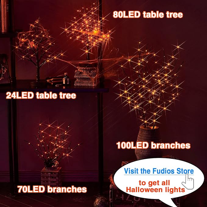 Fudios Halloween Lighted Branches with Timer 100 LED Orange Fairy Lights 32IN, Black Tree Branch Lights Battery Operated for Home Party Mantle Decoration