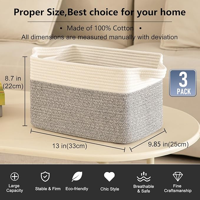 OIAHOMY 3 Pack Storage Basket for Organizing, 13''X9.85''X8.7'' Storage Bins,Woven Basket Basket with Handles, Toy Storage Basket Bin,Stylish Room Decor Basket, White & Grey variegated