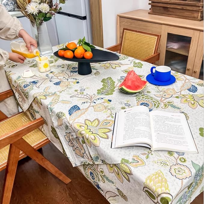 Boho Rectangle Outdoor Tablecloth, Waterproof Spill-Proof Table Cloth, Linen Polyester Floral Decorative Fabric Table Cover for Outdoor, Easter, Party, Dining - 84''x60''