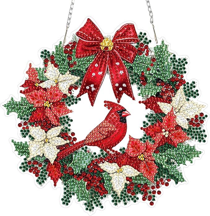 MEIYUDA Christmas Diamond Art Hanging Kits for Adult, Cardinal Wreath Diamond Painting Hanging Kits Ornaments, DIY Special Shaped Rhinestone Window Pendants kit for Home Garden Wall Decor Gift