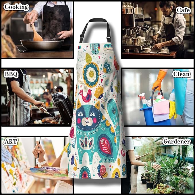 Kitchen Apron for Men Colorful Blue Cat Fun Aprons for Women for Cooking Restaurant BBQ Painting Crafting Gardening 27” (W) x 31” (H), Waterproof Aprons