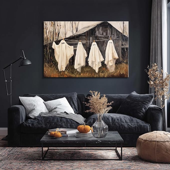 Laoife Halloween Canvas Wall Art, Vintage Spooky Creepy Spooky Ghost Laundry Prints, Farmhouse Gothic Wall Decoration, Dark Academia Halloween Party House Decoration (Ghost 3)