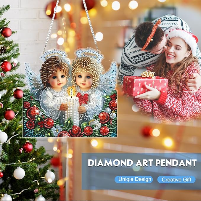 NEWENMO Hanging Diamond Art Kit for Adult, Angels in Heaven, 5D Special Shaped Rhinestone Diamond Painting Ornament, Christmas, DIY Acrylic Diamond Art Painting Window Pendants Home Garden Wall Decor
