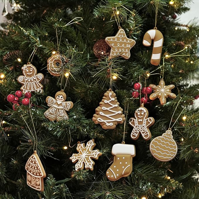 12pcs Christmas Gingerbread Man Ornaments, Assorted Gingerbread Figurines Decorations with Gingerbreads House Snowflake Ornaments for Xmas Tree Winter Crafts Holiday Home Party Decor Indoor