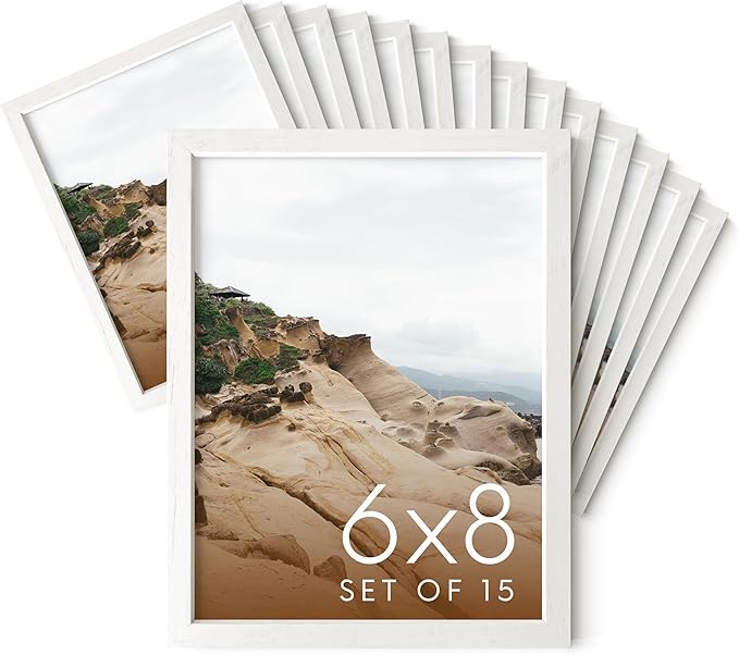 HAUS AND HUES 6x8 White Oak Wooden Picture Frame - Set of 15 6x8 Poster Frame - Premium Oak, Vertical Hang, Shatterproof Plexiglass - Ideal for Home, Room, Office (6x8-inch, White, Set of 15)