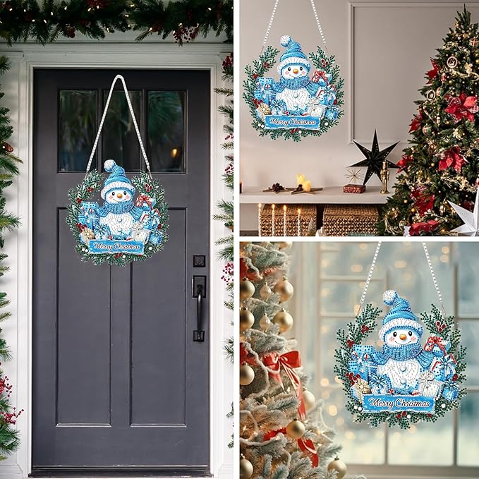 MEIYUDA Christmas Hanging Diamond Art Kits for Adult, Snowman Wreath Diamond Painting Hanging Kits Ornaments, DIY Special Shaped Rhinestone Window Pendants kit for Home Garden Wall Decor Gift