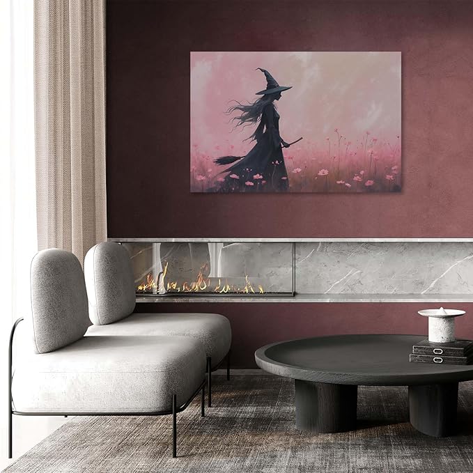 JFHCQJPK Witch in the pink sea of flowers Halloween prints weird flowers wall art silhouette painting fashionable romantic decoration suitable for bedroom32x48in Frameless